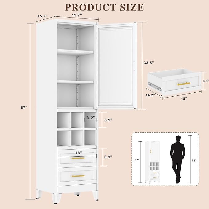 Tall Metal Narrow Storage Cabinet 67" H with 2 Drawer,White Kitchen Pantry Cabinets with 2 Adjustable Shelves and Door,Cuby Storage Orgainzer,Tall Bathroom Cabinet for Kitchen, Home Office,Dining Room