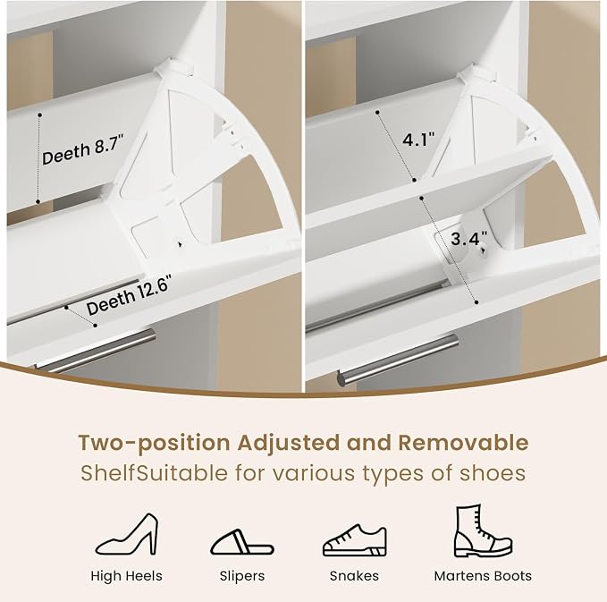 Modern Shoe Cabinet Organizer with 4 Flip Drawers, 47.2" W White | Freestanding shoe storage cabinet for entryway,foyer and hallway, space-saving flip drawers,Adjustable Shelves & 2 Hooks