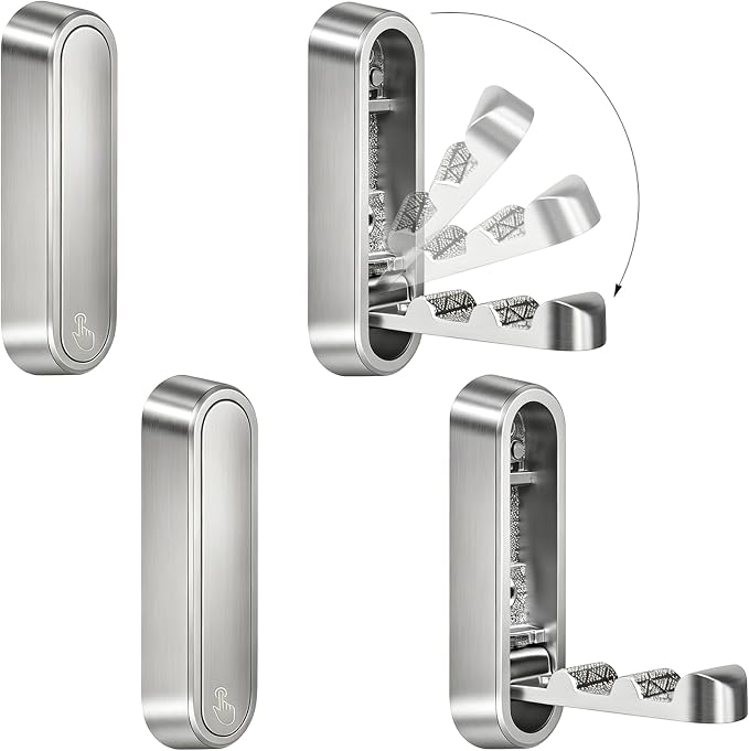 4PCS Foldable Wall Hooks, Flip Down Design with 40 lbs Heavy-Duty Capacity, Retractable Wall Hooks for Bathroom, Bedroom & Entryway Space Saving (Silver)