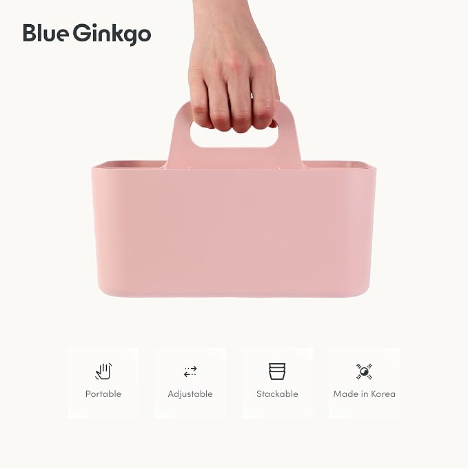 BLUE GINKGO Stackable Organizer Caddy, Rectangle, Pink, Made in Korea | Portable. Adjustable. Home, Office & School Storage.