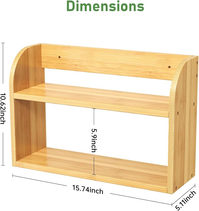 ROMGUAR CRAFT 2 Tier Bamboo Spice Rack, Countertop or Wall Mounting Wood Spice Jars Organizer Shelf for Kitche, Pantry (Natural)