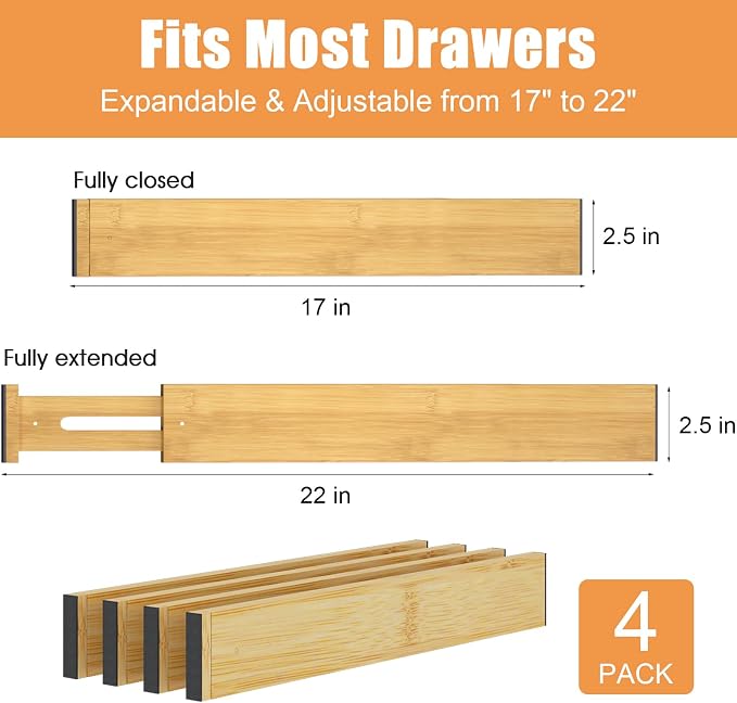 Bamboo Drawer Dividers, Adjustable Drawer Organizers, Fits 17.6–21" Drawers | 2.5" High, 4 Pack Expandable Drawer Separators for Kitchen, Nursery, Dressers & Office Storage, Natural