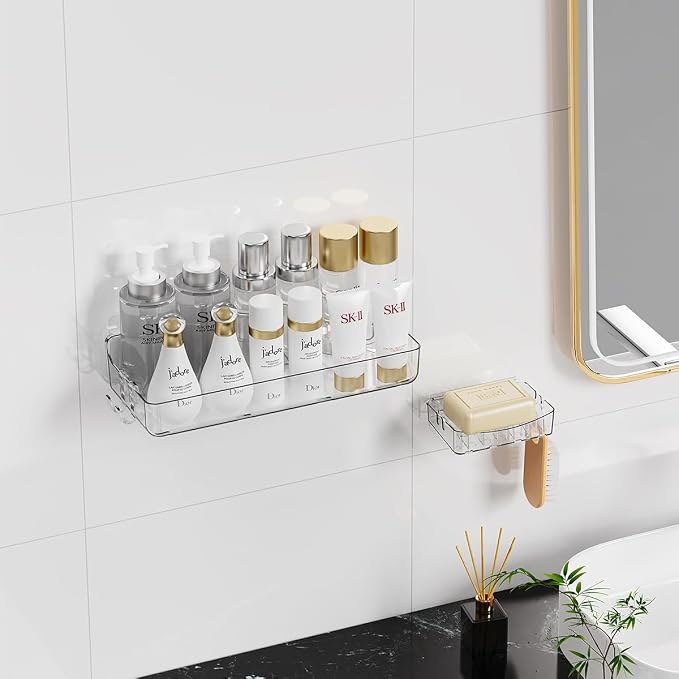 Crystal-Clear Shower Caddy with Soap Dish & Adhesive Pads, 2 Pack | Acrylic Wall Mounted Shower Shelves for Bathroom Organizers and Storage, No Drill for Bathroom Decor