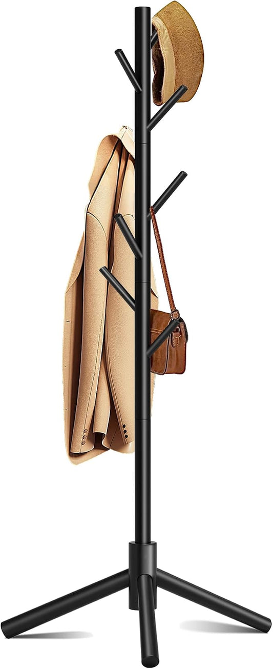 8-Hook Freestanding Coat Rack 3 Adjustable Heights Sturdy Black | Easy Tool-Free Setup,Ideal for Entryway Bedroom Hallway Office,Holds Clothes Hats Handbags,Space-Saving Vertical Design