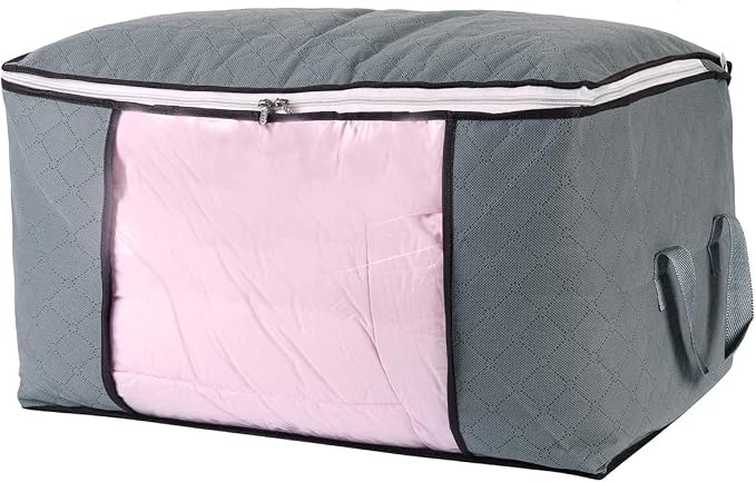 combocube Comforter Storage Bag, Zippered Bag with Large Clear Window and Carry Handles, Space Saver Organizers for Closet, Blanket, Pillow, Quilt, Bedding, Clothes (4Pcs Grey Large)