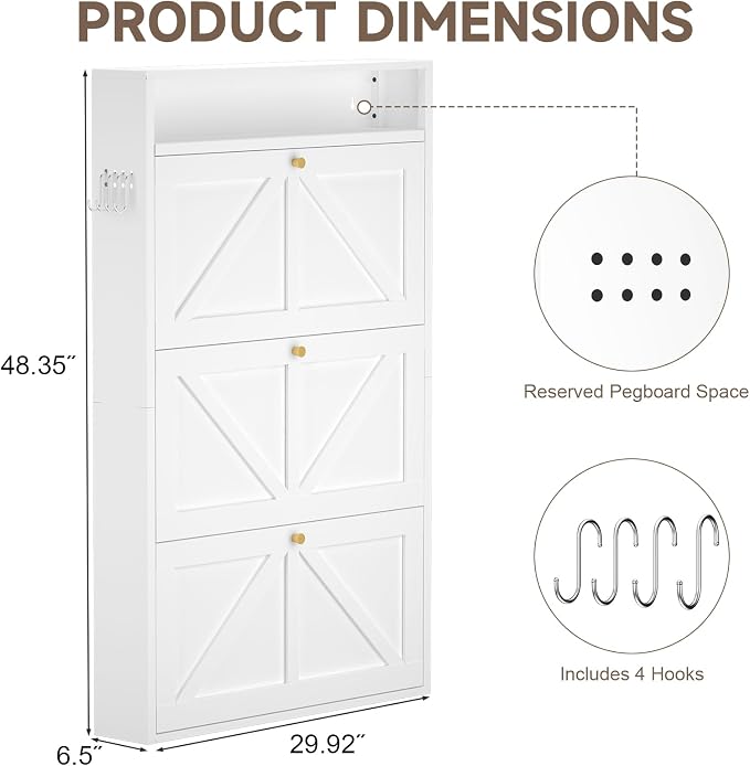 Front Door Shoe Storage, Hanging Shoe Rack with Drawers, 3-Tier Flip-Down Shoe Storage Cabinet for Entryway, Hallway, Narrow Behind the Door Shoe Cabinet, Space-Saving, White