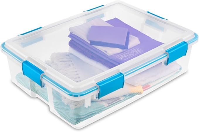 Sterilite Gasket Storage Box with Lids for Home & Office, 37 Quart, 12-Pack | Heavy-Duty, Stackable, and Organizing Containers for Bathroom, Cabinet, Closet, and Garage, Clear and Blue Aquarium Latches