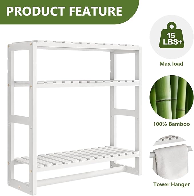 Galood Over The Toilet Storage Bathroom Shelves Wall Mounted 3 Tier Space Saver Corner Shelf Organizer Bamboo Towel Rack Toilet Paper Cabinet with Hanging Rod White