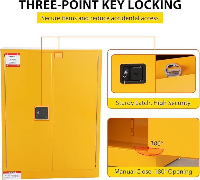 Flammable Storage Cabinet 43" x 18" x 44", 30 Gallon Galvanized Steel Flammable Liquid Storage Locker with Adjustable Shelves & Manual-Close Doors, OSHA Compliant Hazardous Material Cabinet, Yellow