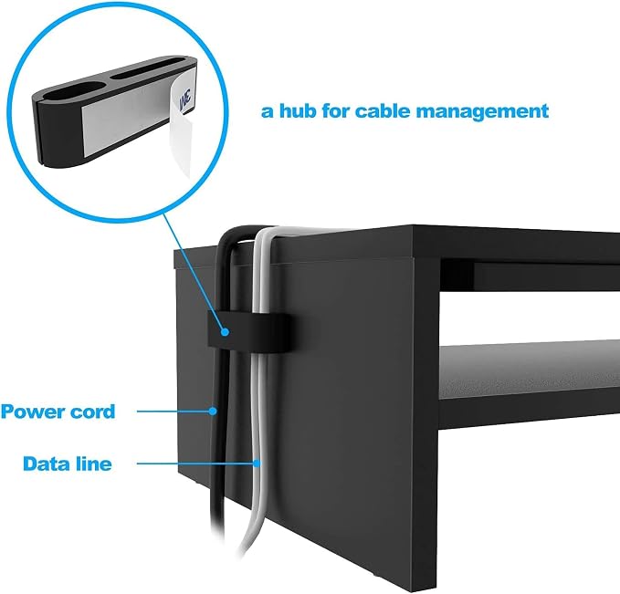 BONTEC Wood Monitor Stand Riser, 2-Tier Desktop Organizer | Ergonomic Computer Stand for Desk, Cable Management, Cellphone Holder, 21.3 Inch Shelf, Black
