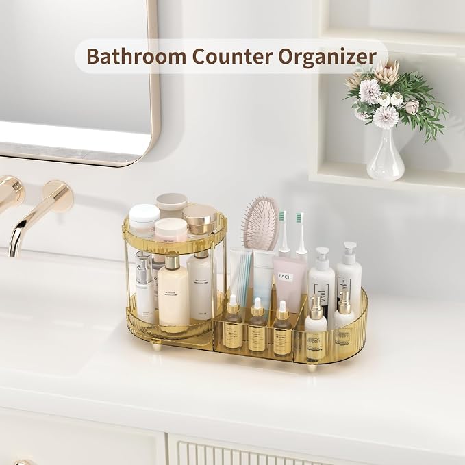 Rotating Makeup Organizer for Vanity, 2 Perfume Trays with 5 Compartments Cosmetic & Skincare Storage, Space Saving Beauty Organizers, Multi-Purpose Countertop Organizers for Bathroom, Desktop, Pantry