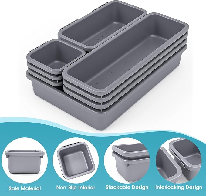 10 PCS Drawer Organizer Set, 4 Size Makeup Drawer Divider Organizer With Non-Slip Pads, Interlocking Plastic Storage Bins for Office,Jewelry Vanity,Gadgets, Bathroom,Kitchen, Grey