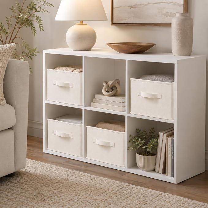 LayerSpace Fabric Storage Bins | Closet Bin Shelf Organizer Shelf Basket | Collapsible Linen Closet Organizer Storage Cube | 14¾"L x 10¼"W x 8¼"H | Storage for Clothes | White & Ivory 3 Pack | Thickened Rigid PP Panels, Cotton-linen Shelf Baskets, Meas...