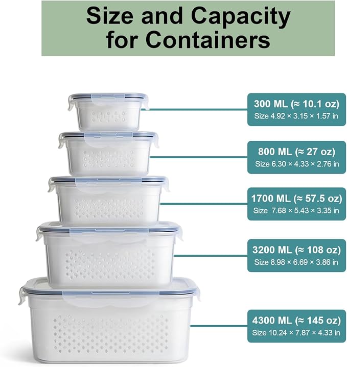 5 Pack Large Fruit Storage Containers for Fridge with Removable Colander | Plastic Food Storage Containers with Lids Airtight-Leak Proof Refrigerator Organizers and Storage of Vegetable