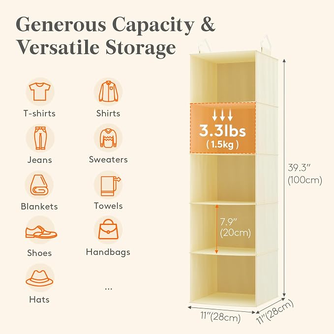 Lifewit 5 Tier Hanging Closet Storage Organizer for Shelves, Beige, 1 Pack | Foldable Clothes Shelf with 2 Sturdy Hooks, Sweater/Coat/Shoes Clothing Organization for Wardrobe, Dorm, Bedroom