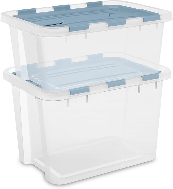 Sterilite Hinged Lid Storage Box, Plastic Container, 30 Quart, 12-Pack | Washed Blue - Home Organizer Tote for Storing Shoes, Crafts, Clothing, or Decor