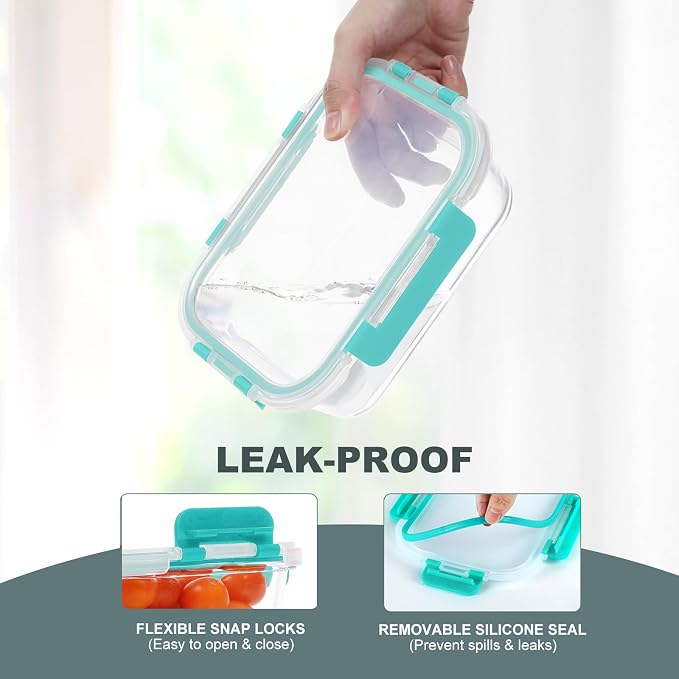 10 Pack Glass Food Storage Containers with Lids, Green | Meal Prep Containers Set, Airtight Glass Lunch Boxes, BPA-Free, Freezer, Oven, and Microwave Safe