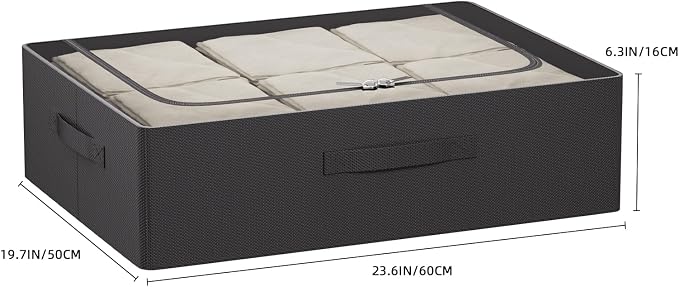 CYhom 3Pcs Under Bed Storage Bins with Metal Frame - Shoe Organizer for Closet with Clear Cover Oxford Fabric Sturdy Underbed Container Foldable Stackable Clothes Organizer (Black, 23.5x15.7x6.3)