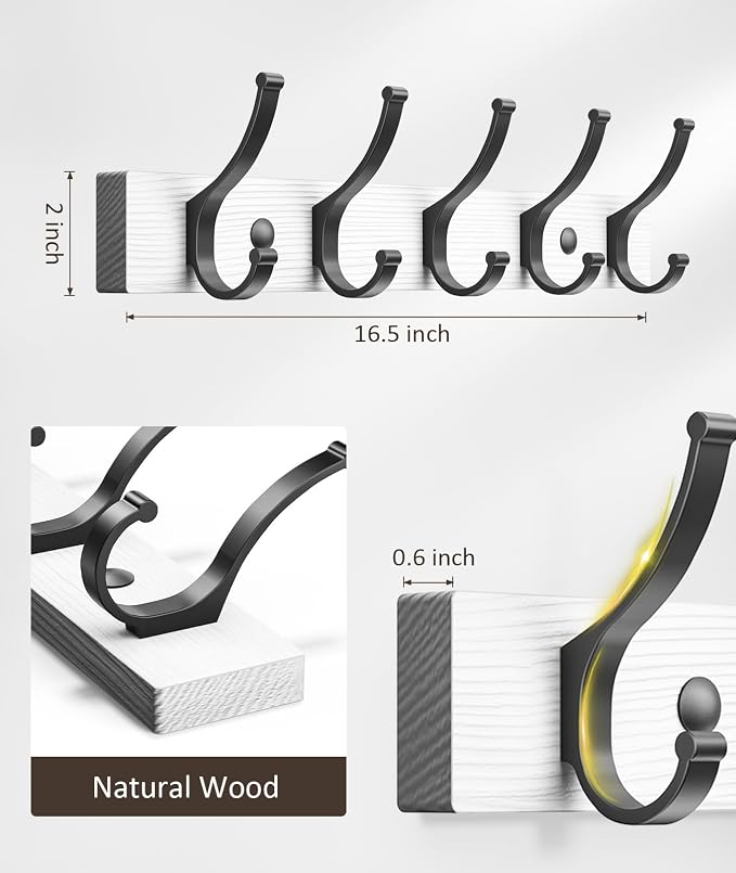 Optish Coat Rack Wall Mount, 16.5 Inches Wood Coat Hooks Wall Mount, Wall Coat Rack with 5 Hooks, Hat Rack Wall Hooks for Hanging Coat, Bag, Towel (1Pack, White)