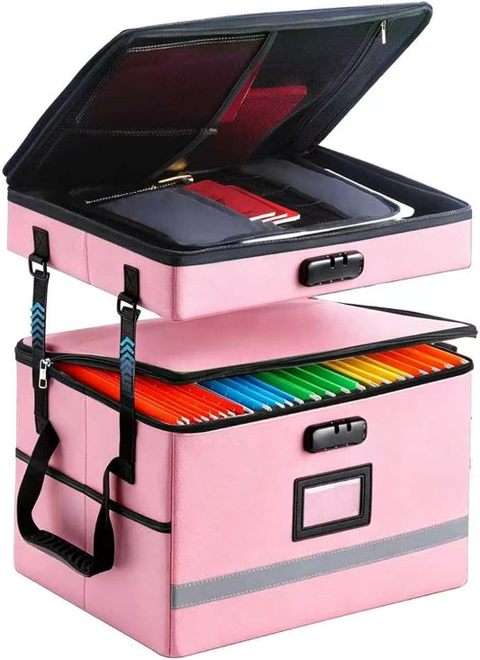 EXLIFBAG 2 Layer File Box with Lock, Portable Document Organizer Box with Handle, Fireproof File Box for Home Office, Legal File Organizer Storage