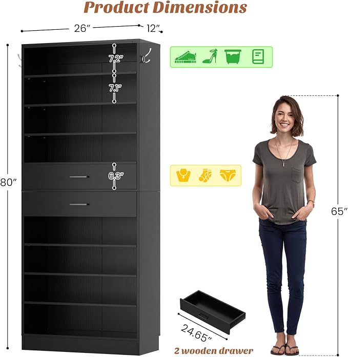 Aheaplus Tall Shoe Cabinet, 10 Tiers Wood Shoe Rack, Vertical Shoe Storage Organizer with 2 Drawers, Narrow Shoe Shelf Tower for 24-28 Pairs, Space Saving, for Closet, Entryway, Bedroom, Black
