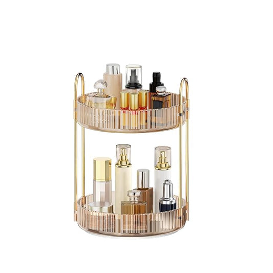 MOKANI 360 Rotating Makeup Organizer for Vanity, 2 Tier Perfume Organizer | Adjustable Multi-Function Spinning Cosmetics Skincare Storage for Bedroom, Dresser, Countertop, Amber