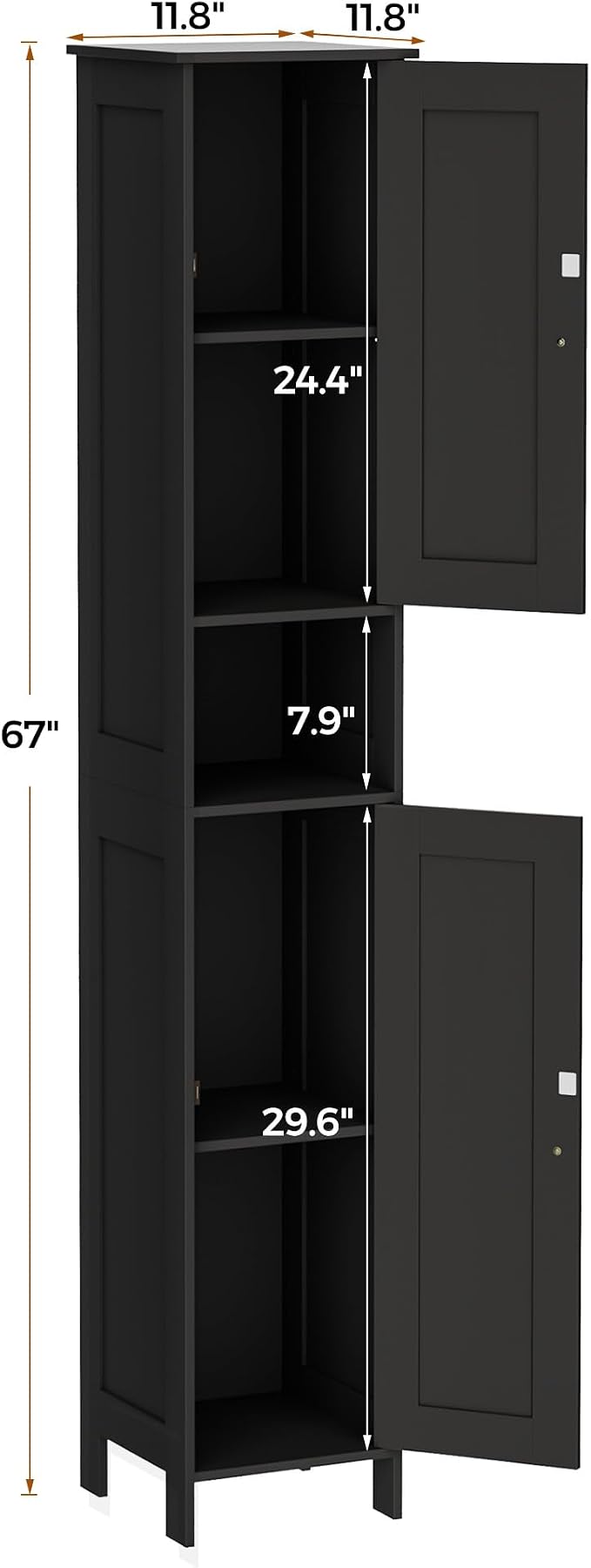 Homleke Tall Bathroom Storage Cabinet with 2 Doors, Slim Bathroom Cabinet | Narrow Storage Cabinet with Adjustable Shelves, Anti-Tip Design, Reversible Door, Easy Assembly, Black, 11.8''W