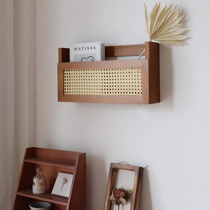 Wall Wood Magazine Rack with PE Rattan Grid,Size 17.3" x 4" x 9.4",File Holder For Entryway, Living Room, Waiting Room, Kids’ room,Office（Brown）