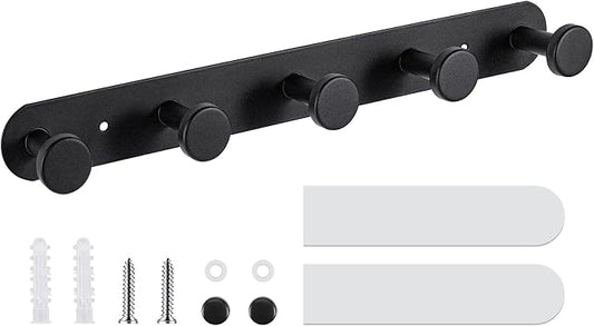 Coat Hooks Wall Mounted , Black Coat Rack with 5 Hooks, Adhesive Or Screw | Heavy Duty Coat Hanger Towel Hooks, 2 Install Options, For Towels, Coats, Hats, Bags, Bathroom, Kitchen, Door