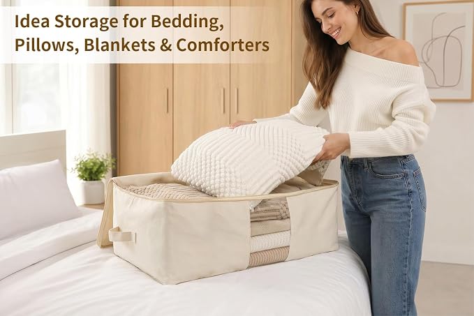 Soft Canvas Storage Bags for Comforters, Blankets, Beddings, Quilt, Clothes | King/Queen Comforter Organizer, Cotton Canvas, 3 Pack, 4 Handles & 2 Clear Windows, Reinforced Zippers, 25x19x9in