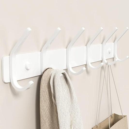 Coat Rack Wall Mount Hooks - 15 Inch White Metal 6-Hook Rack(1 Pack) | Modern Kids Room, Entryway & Bathroom Hanger for Towels, Coats, Purses, Bags