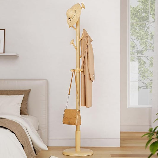 Taitiy Solid Wood Coat Rack Freestanding Coat Tree with 10 Hooks | with 10 Hooks for Bedroom, Livingroom, Entryway, Sturdy Coat Hanger Stand for Hats, Coats, Scarves, Handbags, Purses(Natural)