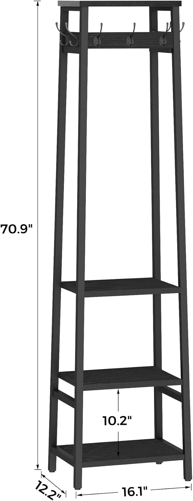 Coat Rack Freestanding with 3 Shelves and 7 Hooks | Coat Stand, Hall Tree Free Standing, Clothes Rack Stand Organizer, Industrial Style, Black