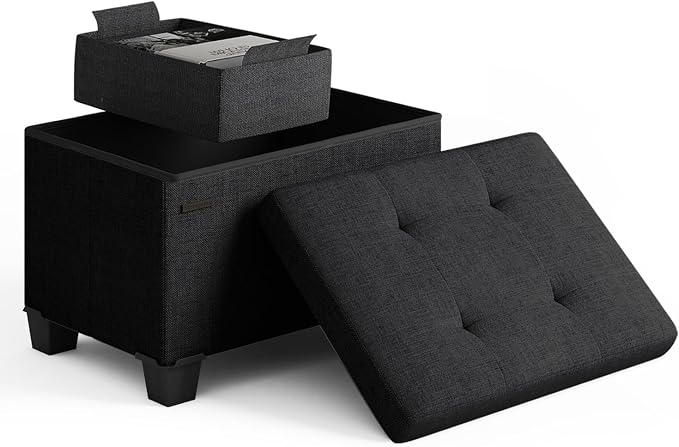Storage Ottoman Cube with Small Bin, 16-in Square Ottoman with Storage for Living Room and Bedroom, Small Ottomans Foot Rest, Fabric Foot Stools Ottomans Max 330lbs, Black