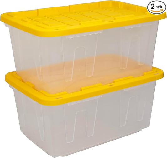 CX 27-Gallon Heavy Duty Clear Stackable Storage Bins with Lids, 2 Pack Clear/Yellow