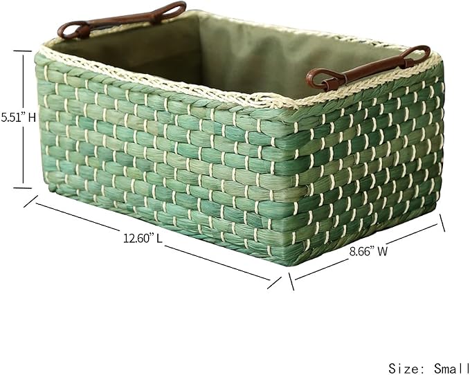 Basket Woven Maize Straw Storage with Handle, Kingwillow(Rectangular,Green Small:12.60"Lx8.66"Wx5.51"H)