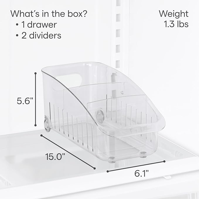 YouCopia RollOut Fridge Drawer 6", BPA-Free Clear Rolling Refrigerator Organizer Bin with Adjustable Dividers and Handles for Produce, Food, Meal and Snack Storage