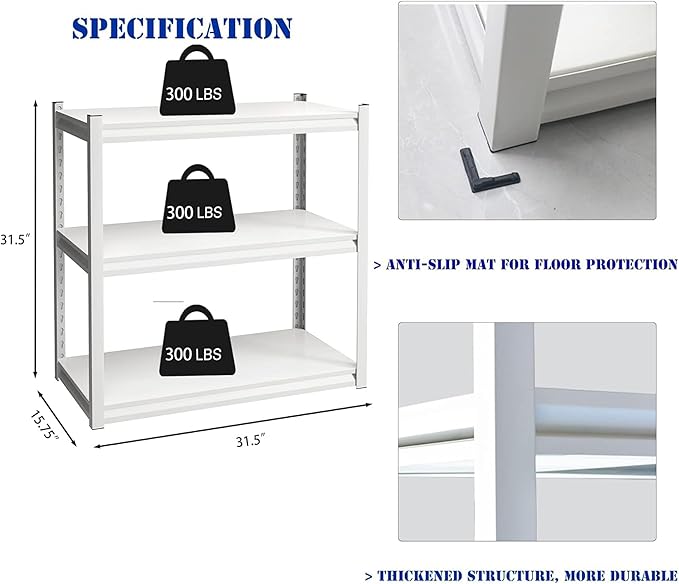 Garage Shelving Adjustable 3 Tier Heavy Duty Metal Storage Shelves Adjustable Utility Rack Organization for Kitchen, Pantry, Closet, Garage, Office 31.5" W x 15.75" D x 31.5" H, White