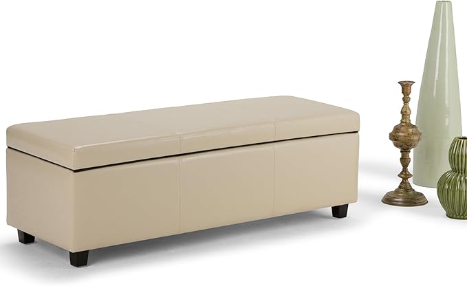 SIMPLIHOME Avalon Storage Ottoman Bench - 48" Wide x 16" High Upholstered Vegan Leather Rectangular Lift-Top Ottoman in Satin Cream, Contemporary Storage Bench for Living Room with High-Density Foam