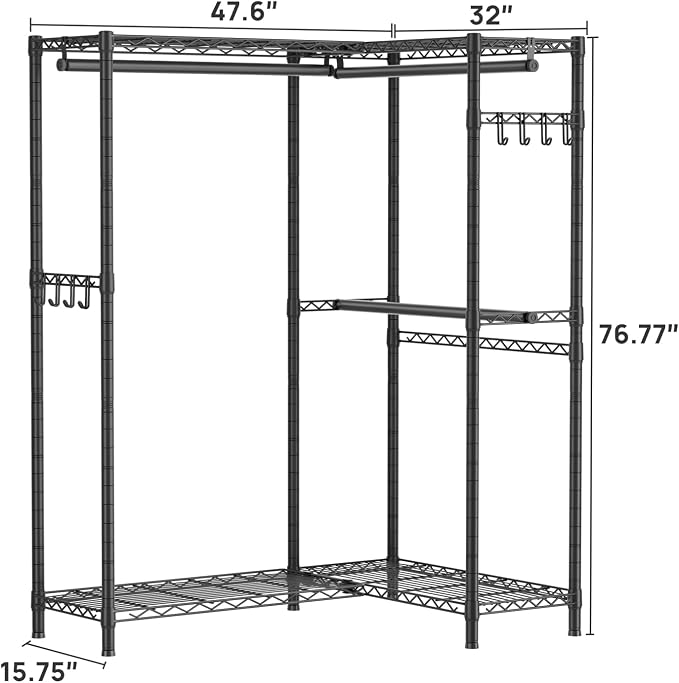 SINGAYE Heavy Duty Portable Closet Metal Clothes Racks Wardrobe with Shelf | Armoire Garment Rack Coat Rack with Adjustable Shelves Organizer and Storage for Hanging Freestanding Clothes Clothing Black