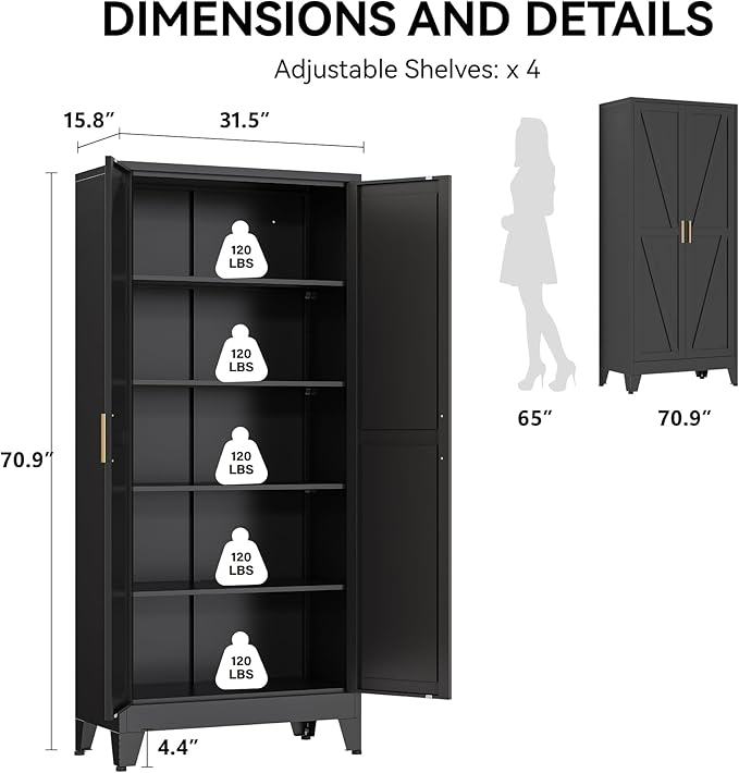 COFaR 71" Modern Pantry Cabinet in Black, 5-Tier Storage Cabinet with Adjustable Shelves, Industrial Steel Cupboard for Kitchen, Office & Living Room Organization