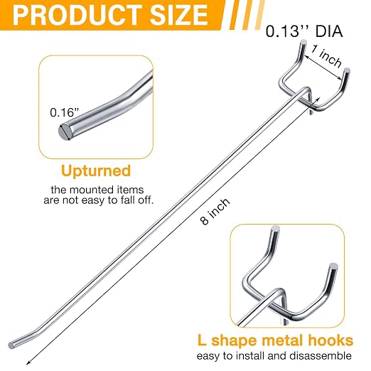 100 Pcs Peg Board Shelving Hooks Stainless Steel Hanging Board Pegs Wall Display Hooks Bulk for 1/8 1/4 Garage Storage Organizer Accessories (8 Inch,Silver)