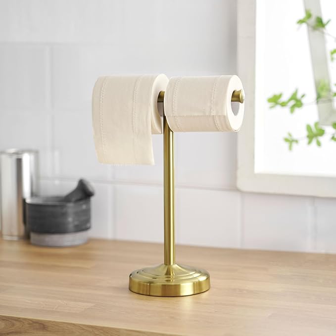 RUMOSE Brushed Gold Hand Towel Holder Stand Countertop Towel Rack | 13 Inch Bathroom Kitchen Vanity T-Shape Towel Stand Free Standing Stainless Steel Towel Bar Towel Ring