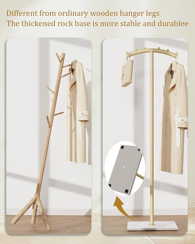 Modern Coat Racks,T-Shaped Coat Stand with Rock Base,68.9in Gold | Metal Garment Racks with Anti Slip Knot,Arcuate Clothes Display Hanger with Natural Patterned Bottom Plate for Bedroom