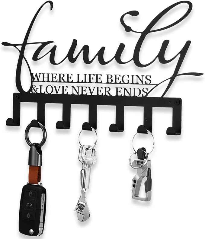 Hicarer Family Key Holder Metal Hooks Decorative Hanger Black Rack Wall Mount Organizer with Screws and Anchors for Keys Hat Kitchen Entryway Front Door Home Decor