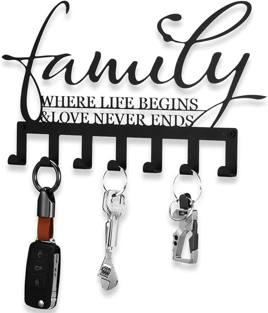 Hicarer Family Key Holder Metal Hooks Decorative Hanger Black Rack Wall Mount Organizer with Screws and Anchors for Keys Hat Kitchen Entryway Front Door Home Decor