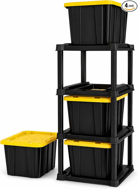 Sterilite 4-Tier Tote Rack with 4-Pack 27 Gallon Industrial Storage Totes | Shelving Unit and Heavy-Duty and Stackable Utility Box Containers for Home, Office, and Basement Organization, Black/Yellow