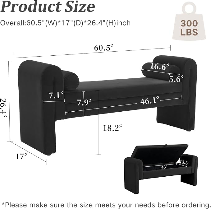 Modern Bench for Bedroom End of Bed, 60.5" Velvet Upholstered Rolled Armed Stool Bench, Sofa Ottoman Long Bench with 2 Pillows for Entryway/Bedroom/Hall (Black-60.5 Inch)