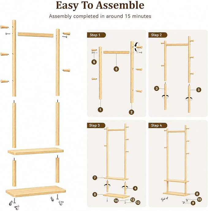Taitiy Solid Wood Coat Rack Small Freestanding with Wheels 2 Shelves | Small spaces, solid rubberwood construction, 2 shelves and 5 hooks, ideal for bedrooms, entryways, apartments and homes