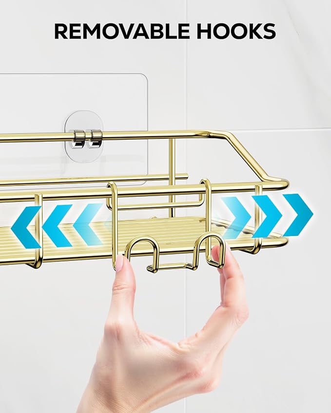 Nieifi Shower Caddy Shelf Storage Rack Adhesive Without Drilling Stainless Steel with Hooks for Washroom, Lavatory, Restroom, Toilet, Bathroom, Kitchen - 2 Pack, Golden